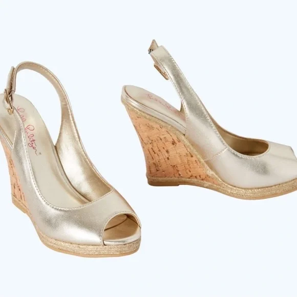 Lily Pulitzer Kristen Peep Toe Gold Wedge Sandals size 10 - Picture 7 of 10